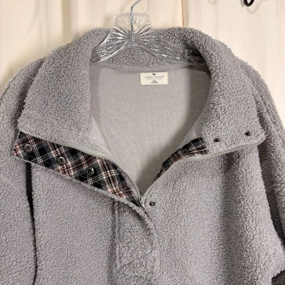 Simply Southern Gray Sherpa Fleece Pullover XXL Placket Trim Snap Mock Neck
